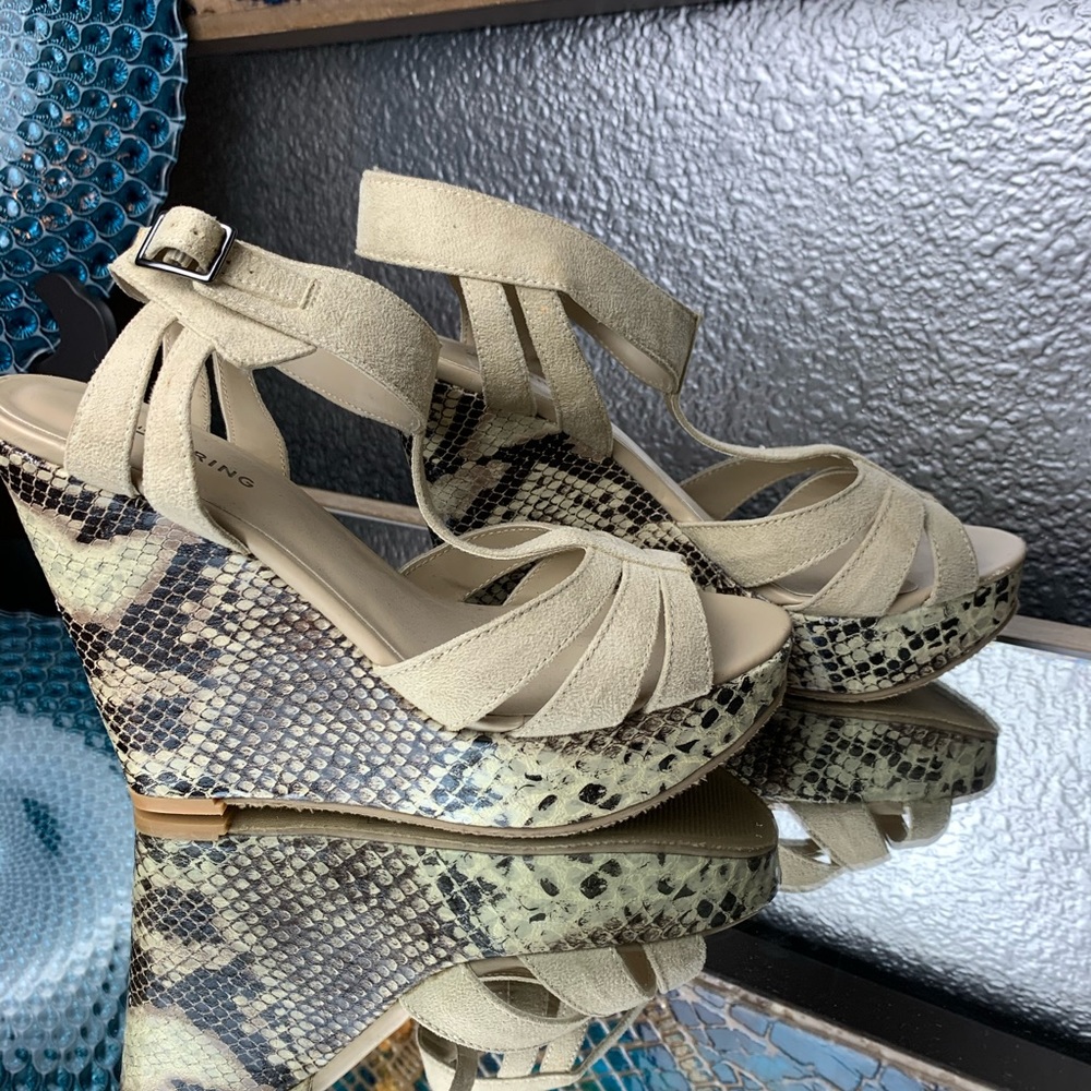 Beige faux snake & suede Call it Spring wedges!